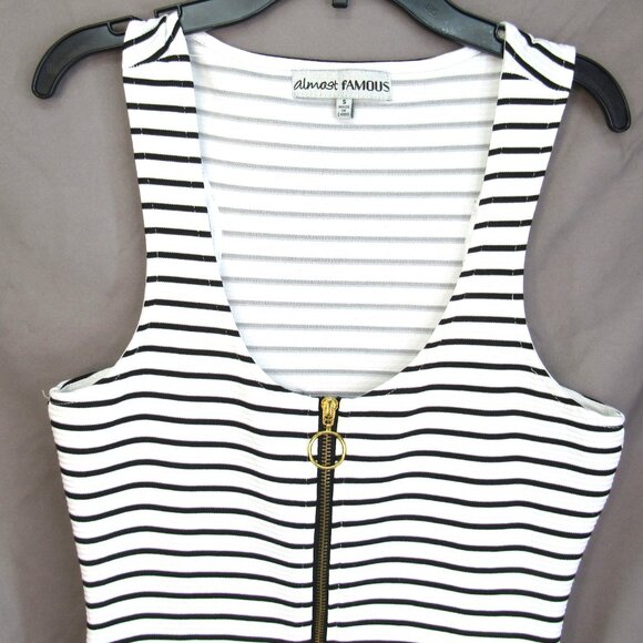 Almost Famous Junior White w/Black Stripe Bodycon Front Full Zip Dress Sz S - Picture 2 of 10